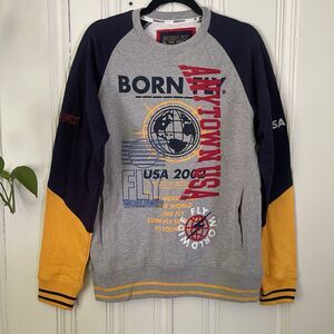 Born Fly USA 2002 Men Gray Navy Yellow Anytime USA Pullover Sweater Size S